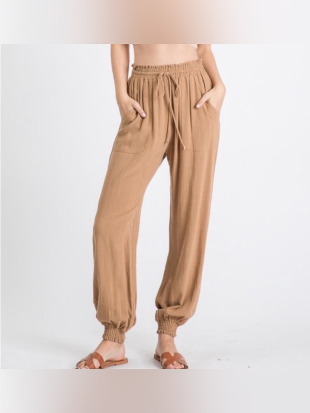Allie Rose Camel Linen Blend Genie Jogger Pants Size Small neutral summer